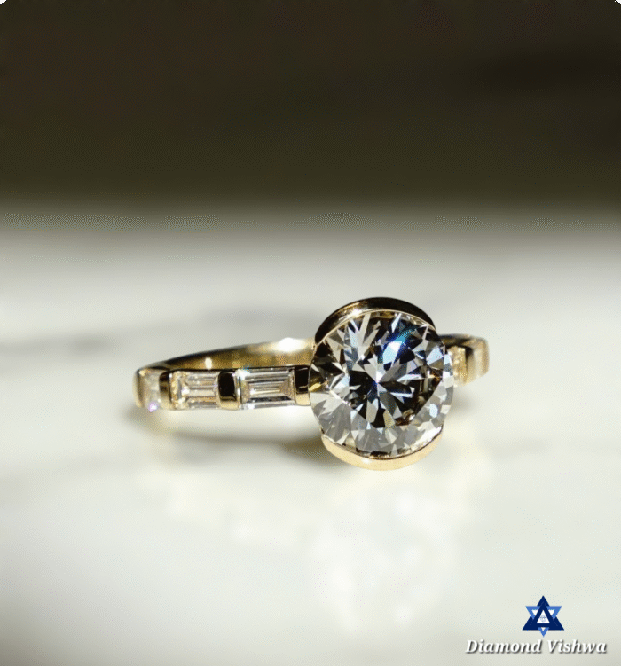 Stunning Moissanite Diamond Ring, Half Bezel Round Cut with Baguette Diamond Band, Perfect Engagement or Birthday Gift - Image 5