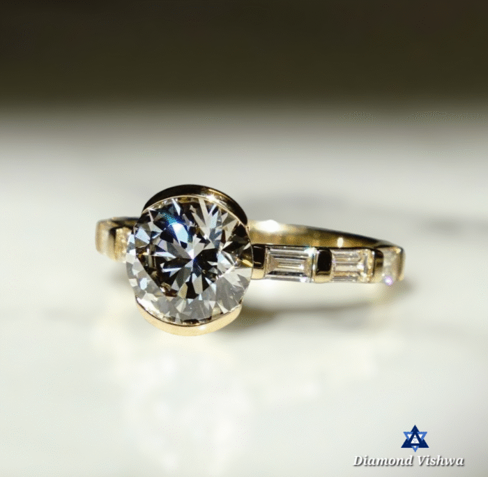 Stunning Moissanite Diamond Ring, Half Bezel Round Cut with Baguette Diamond Band, Perfect Engagement or Birthday Gift - Image 3