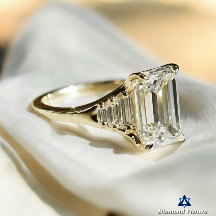 Luxurious Emerald cut Moissanite Diamond Ring, Side Stone Baguette, Romantic Proposal or Birthday Gift, Wedding gifts, Gifts for her - Image 3