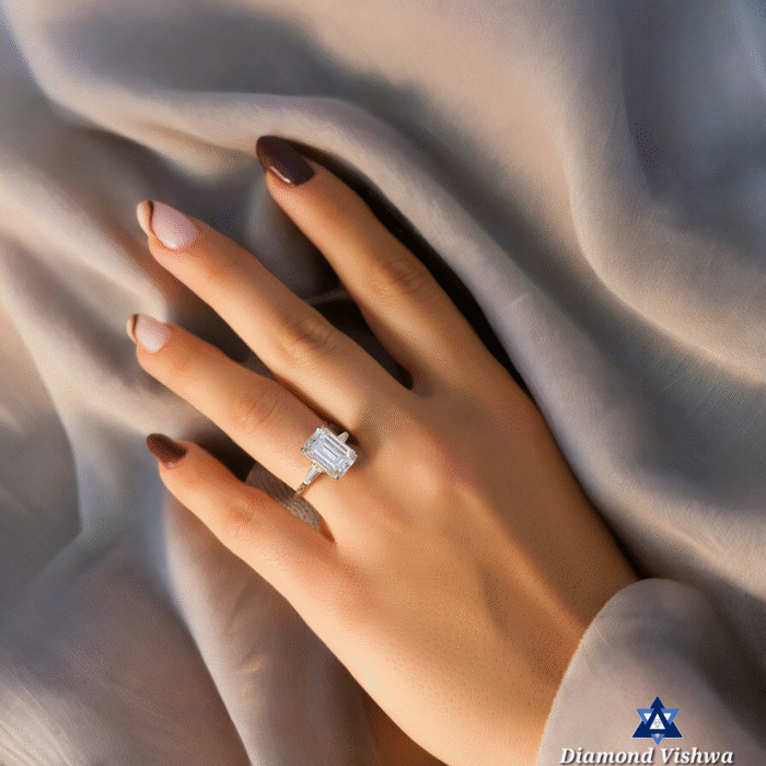 Timeless Emerald Moissanite Ring, Three Stone Design with Diamond Baguettes, Romantic Proposal or Anniversary Gift - Image 3