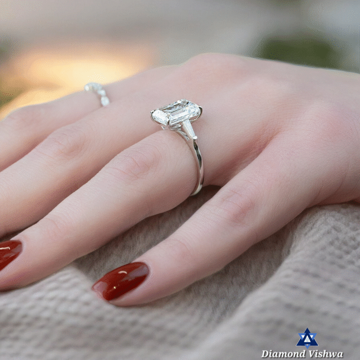 Timeless Emerald Moissanite Ring, Three Stone Design with Diamond Baguettes, Romantic Proposal or Anniversary Gift - Image 4