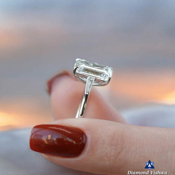 Timeless Emerald Moissanite Ring, Three Stone Design with Diamond Baguettes, Romantic Proposal or Anniversary Gift - Image 5