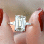 Timeless Emerald Moissanite Ring, Three Stone Design with Diamond Baguettes, Romantic Proposal or Anniversary Gift