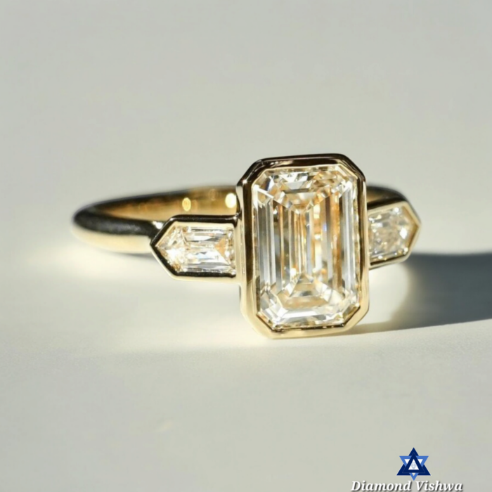 Luxurious Three Stone Moissanite Ring - Emerald & Bullet Cut Diamonds with Bezel Setting, Perfect Engagement or Anniversary Present - Image 4