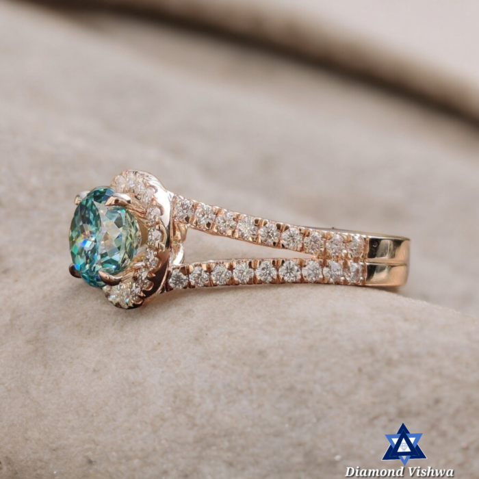 Cyan Blue Moissanite Halo Engagement Ring | Rose Gold Split Shank - Image 5