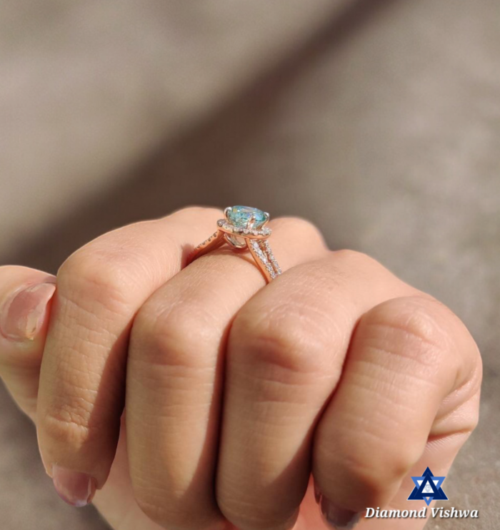 Cyan Blue Moissanite Halo Engagement Ring | Rose Gold Split Shank - Image 6