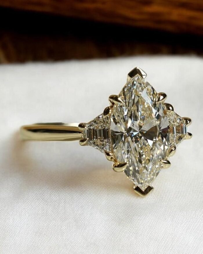 2.5Ct Marquise Cut Moissanite Three Stone Engagement Ring with Trapezoid Side Stones in 14k Gold - Image 2