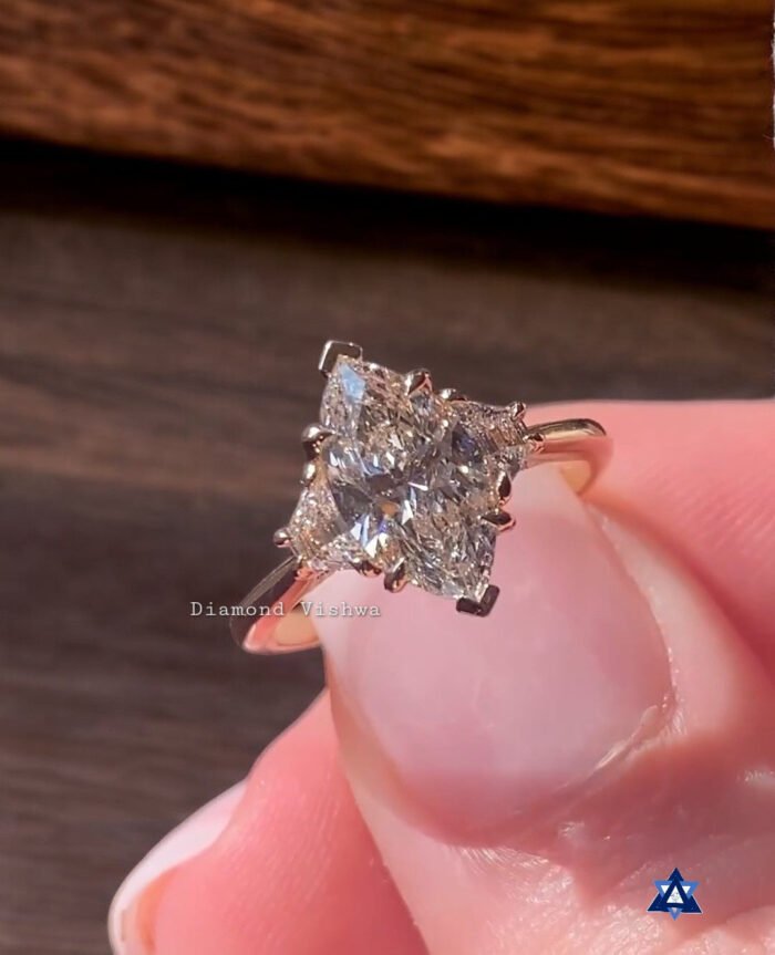 2.5Ct Marquise Cut Moissanite Three Stone Engagement Ring with Trapezoid Side Stones in 14k Gold - Image 5