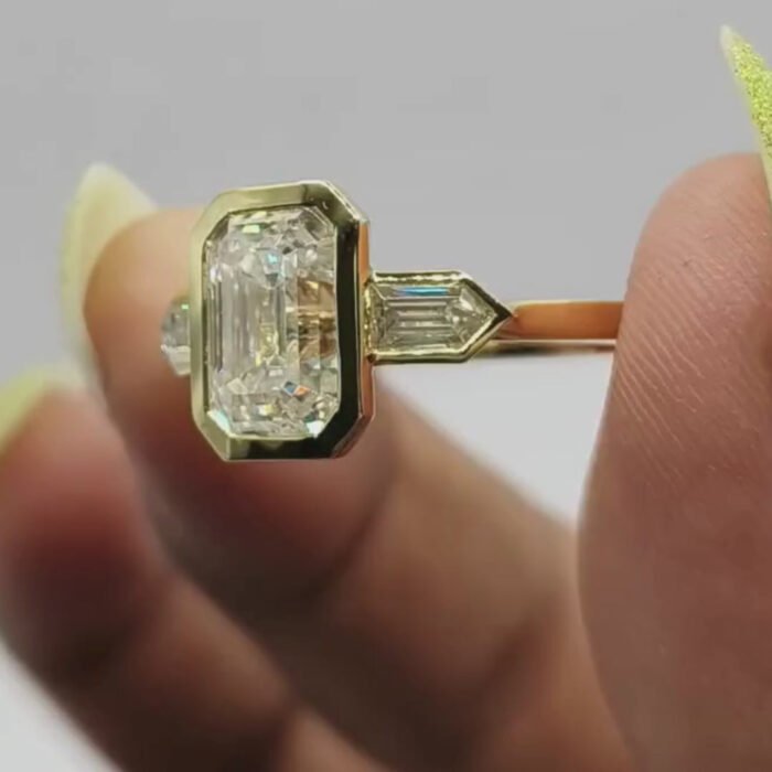 Luxurious Three Stone Moissanite Ring - Emerald & Bullet Cut Diamonds with Bezel Setting, Perfect Engagement or Anniversary Present - Image 5
