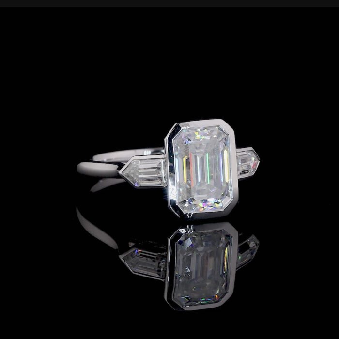 Luxurious Three Stone Moissanite Ring - Emerald & Bullet Cut Diamonds with Bezel Setting, Perfect Engagement or Anniversary Present - Image 6