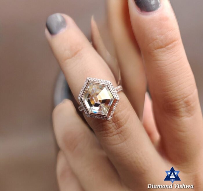 5.33 Carat Hexagon Rose Cut Moissanite Ring - Double Halo Bezel Set Designer Engagement Wedding Ring Vintage Style - Image 8