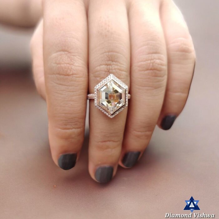 5.33 Carat Hexagon Rose Cut Moissanite Ring - Double Halo Bezel Set Designer Engagement Wedding Ring Vintage Style - Image 7