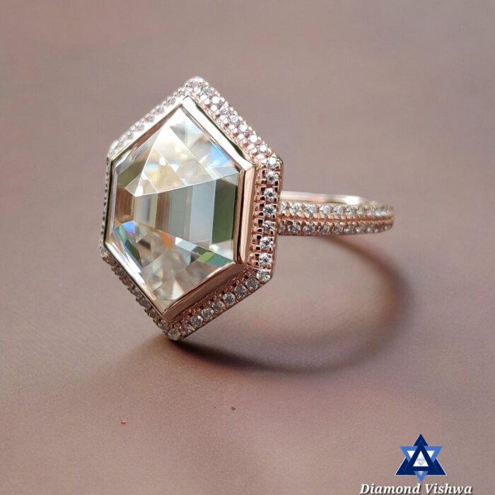 5.33 Carat Hexagon Rose Cut Moissanite Ring - Double Halo Bezel Set Designer Engagement Wedding Ring Vintage Style - Image 6