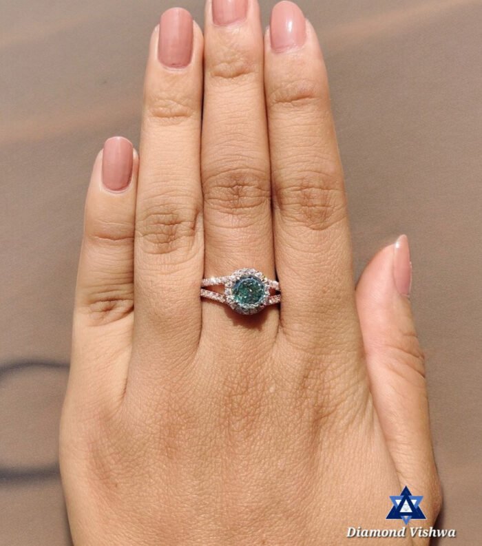 Cyan Blue Moissanite Halo Engagement Ring | Rose Gold Split Shank - Image 3