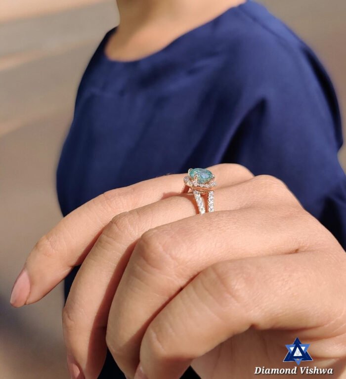 Cyan Blue Moissanite Halo Engagement Ring | Rose Gold Split Shank - Image 4