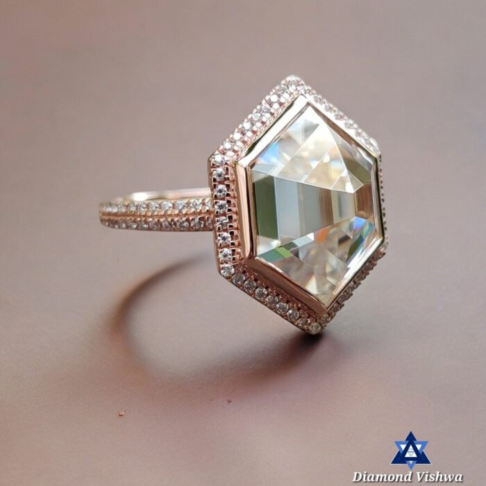 5.33 Carat Hexagon Rose Cut Moissanite Ring - Double Halo Bezel Set Designer Engagement Wedding Ring Vintage Style - Image 2