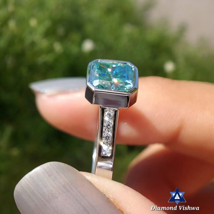 Bezel Set Cushion Cut Cyan Blue Moissanite Engagement Ring - Channel Set Pave Band - Image 6