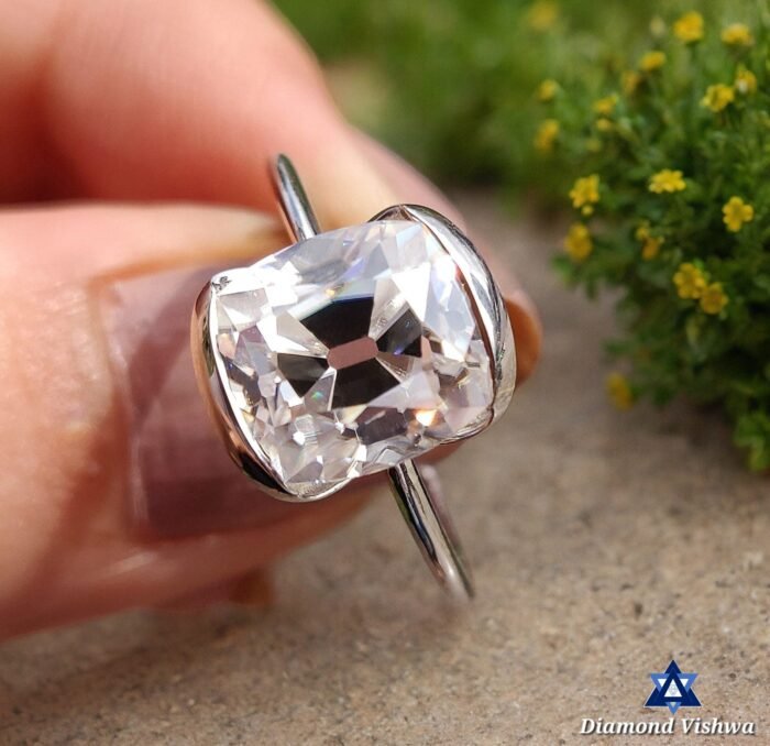 3.5 CT Cushion Old Mine Cut Moissanite Open Gallery Half Bezel Set Engagement Ring - Image 2