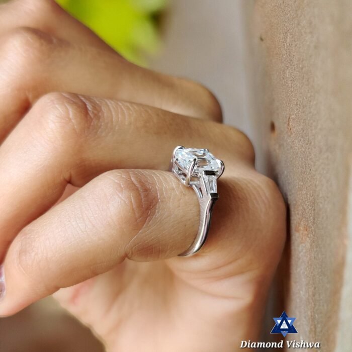 2.68 CTW Emerald Cut Moissanite Three Stone Engagement Ring with Tapered Baguettes | Solid White Gold Anniversary Wedding Bridal Jewelry - Image 8