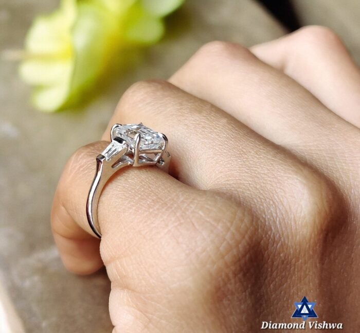 2.68 CTW Emerald Cut Moissanite Three Stone Engagement Ring with Tapered Baguettes | Solid White Gold Anniversary Wedding Bridal Jewelry - Image 7