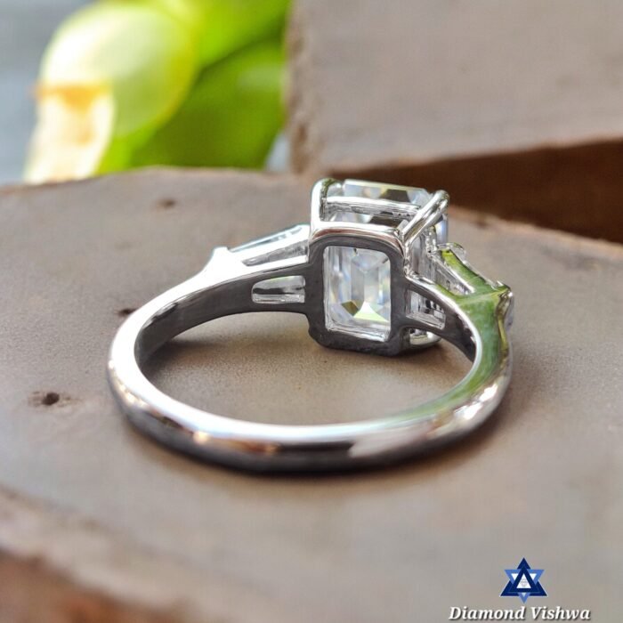 2.68 CTW Emerald Cut Moissanite Three Stone Engagement Ring with Tapered Baguettes | Solid White Gold Anniversary Wedding Bridal Jewelry - Image 4