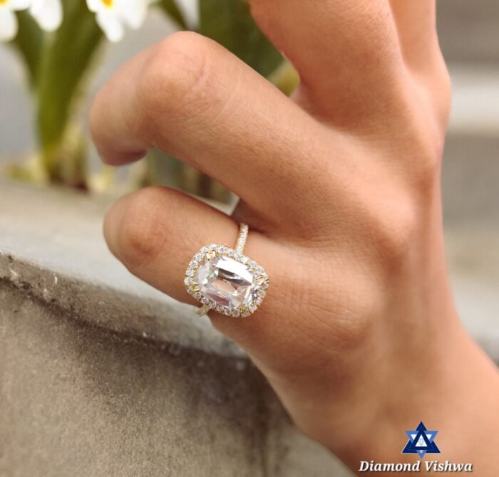 3.44ct Cushion Old European Cut Moissanite Halo Ring | Double Claw Prongs | Yellow Gold Engagement - Image 6