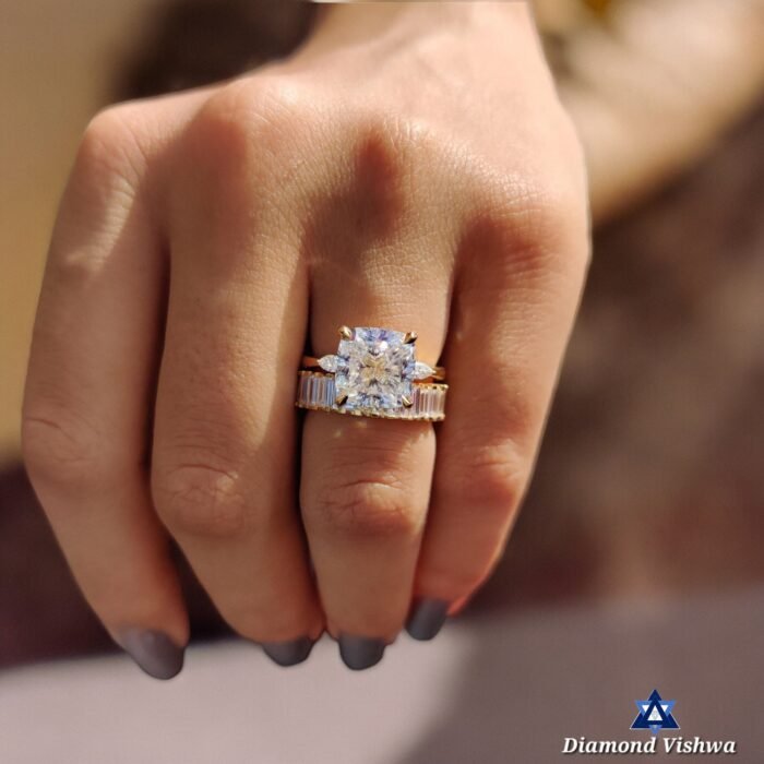 4.48 Ct Three-Stone Cushion Moissanite Bridal Ring Set - Image 6