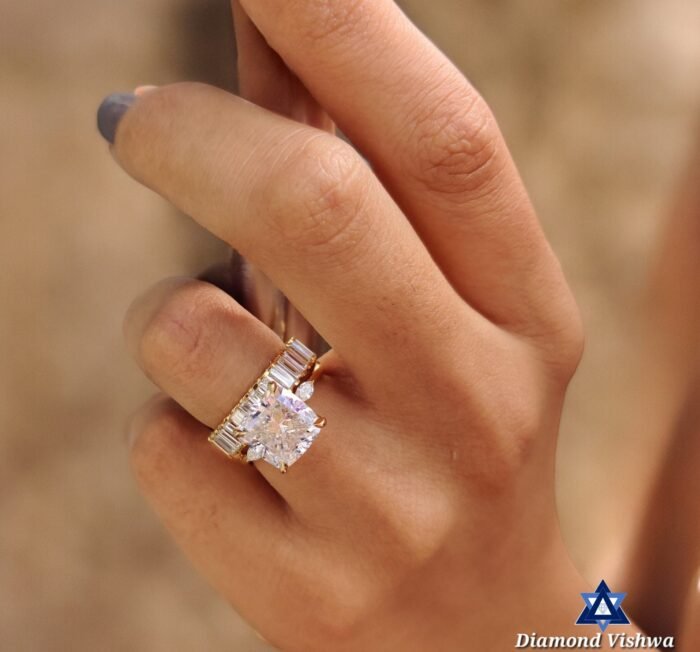 4.48 Ct Three-Stone Cushion Moissanite Bridal Ring Set - Image 7