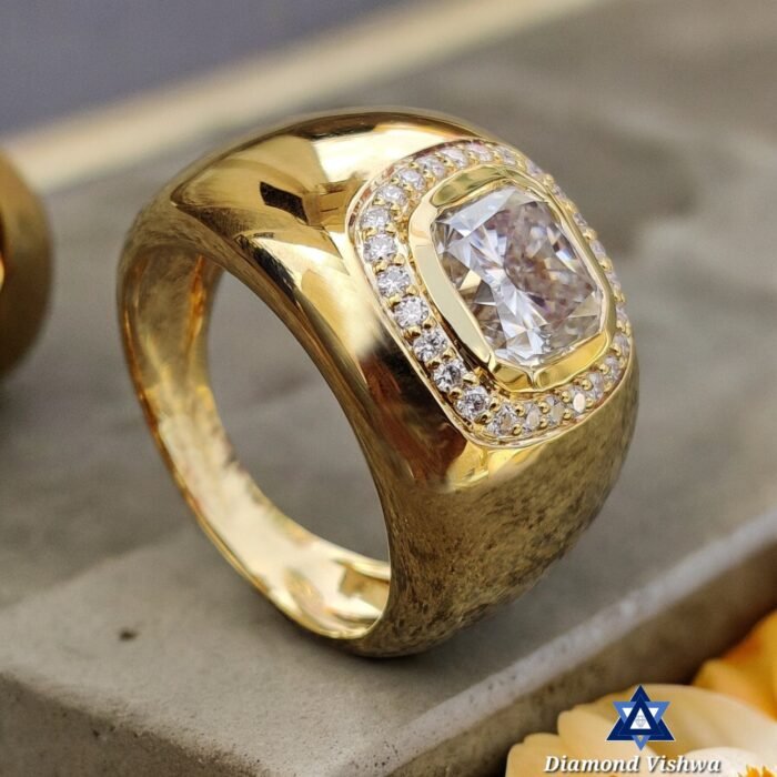 4 CT Cushion Colorless Moissanite Men's Ring - Flush Setting Gold Band - Image 2