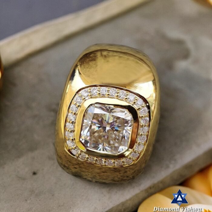 4 CT Cushion Colorless Moissanite Men's Ring - Flush Setting Gold Band - Image 7