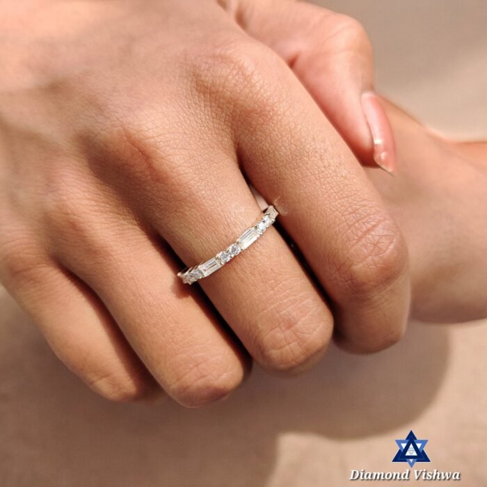 0.64 TCW Baguette & Round Moissanite Half Eternity Wedding Band in Yellow Gold - Image 2