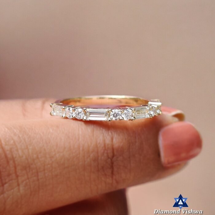 0.64 TCW Baguette & Round Moissanite Half Eternity Wedding Band in Yellow Gold - Image 3