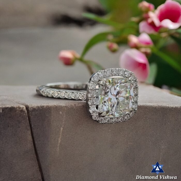 Cushion Crushed Ice Moissanite Ring | 2.62 CT Halo Pavé Cathedral - Image 6