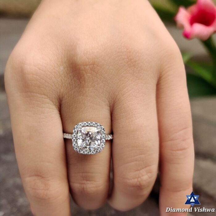 Cushion Crushed Ice Moissanite Ring | 2.62 CT Halo Pavé Cathedral - Image 3