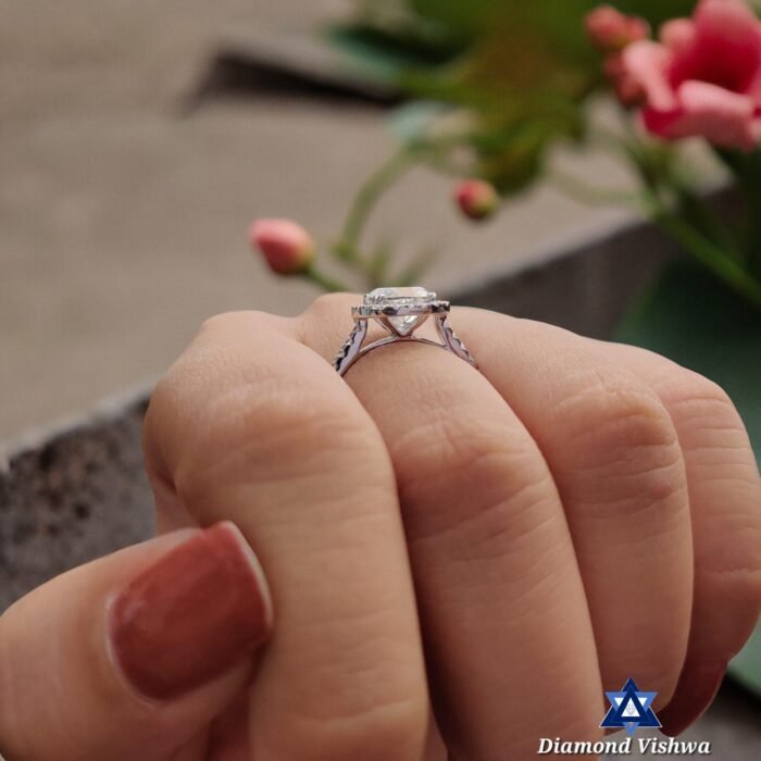 Cushion Crushed Ice Moissanite Ring | 2.62 CT Halo Pavé Cathedral - Image 4