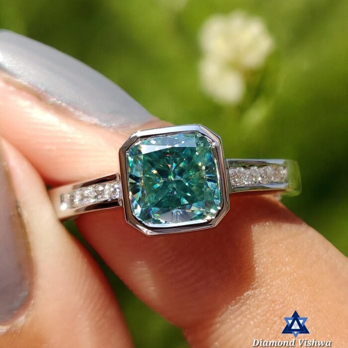 Bezel Set Cushion Cut Cyan Blue Moissanite Engagement Ring - Channel Set Pave Band - Image 2