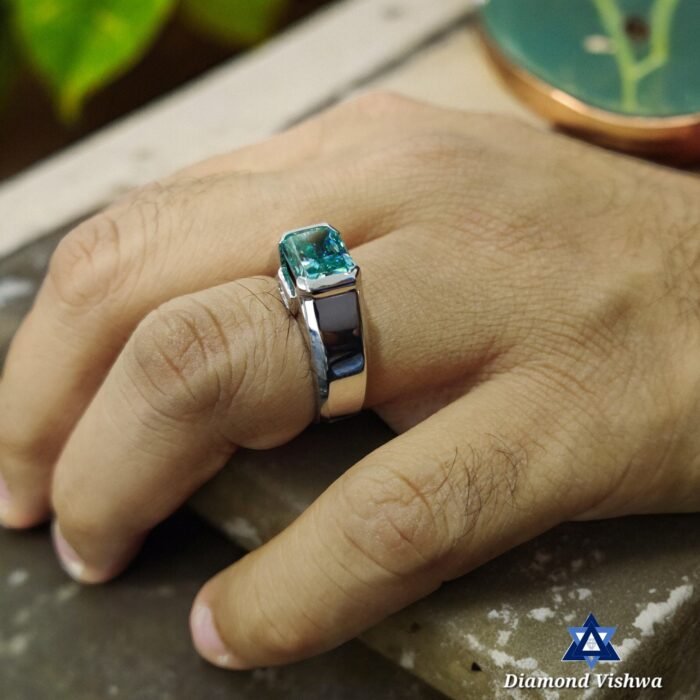 Radiant Blue Moissanite 3 Stone Men's Ring, Engagement Wedding Anniversary Father's - Image 9