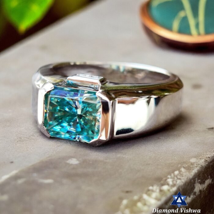 Radiant Blue Moissanite 3 Stone Men's Ring, Engagement Wedding Anniversary Father's - Image 6