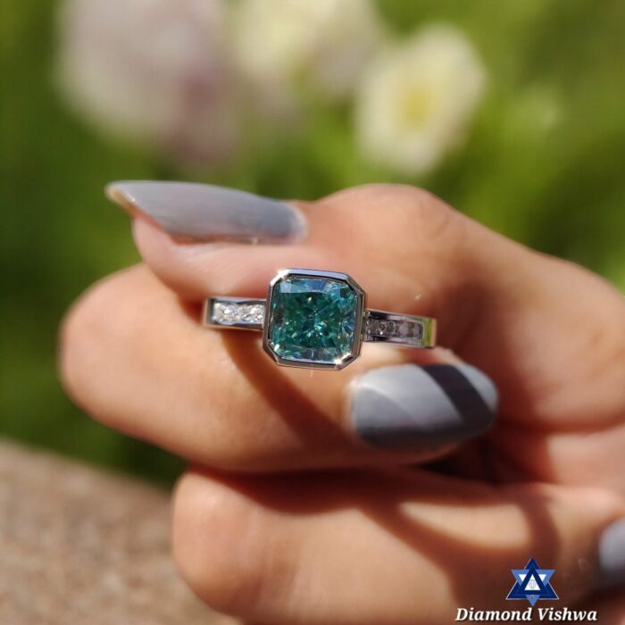 Bezel Set Cushion Cut Cyan Blue Moissanite Engagement Ring - Channel Set Pave Band - Image 3