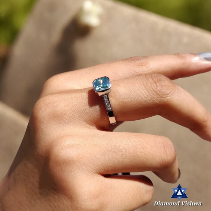 Bezel Set Cushion Cut Cyan Blue Moissanite Engagement Ring - Channel Set Pave Band - Image 4