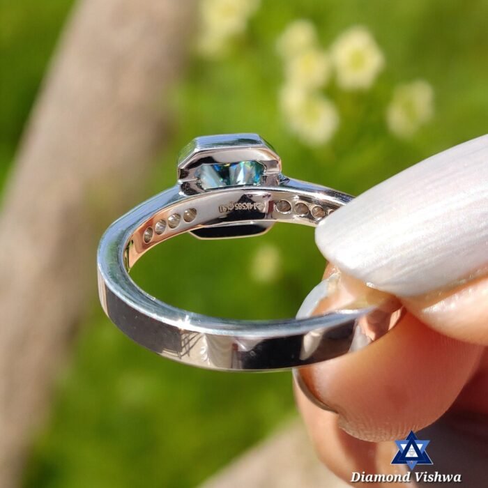 Bezel Set Cushion Cut Cyan Blue Moissanite Engagement Ring - Channel Set Pave Band - Image 5
