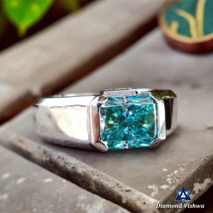 Radiant Blue Moissanite 3 Stone Men's Ring, Engagement Wedding Anniversary Father's - Image 3