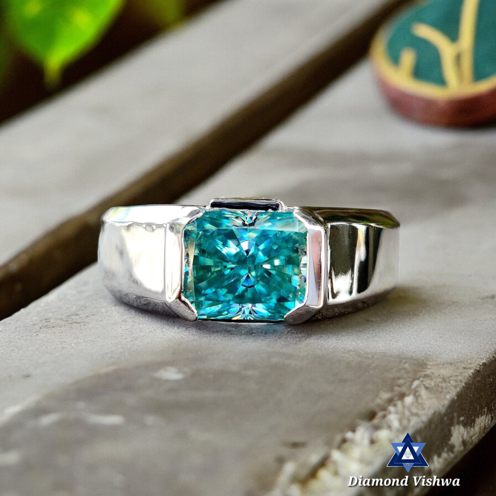 il_fullxfull.3187694319_80ya-Photoroom Radiant Blue Moissanite 3 Stone Men's Ring, Engagement Wedding Anniversary Father's - Image 1