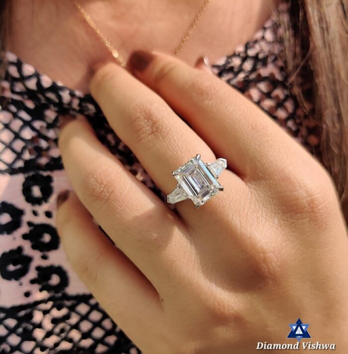 5 CT Emerald Cut Moissanite Engagement Ring | Three Stone Moissanite Wedding Band | Side Bullet Accents | Yellow/Rose/White Gold | His/Hers Set - Image 8