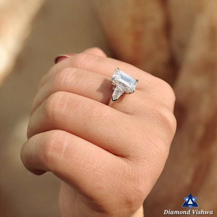 5 CT Emerald Cut Moissanite Engagement Ring | Three Stone Moissanite Wedding Band | Side Bullet Accents | Yellow/Rose/White Gold | His/Hers Set - Image 7