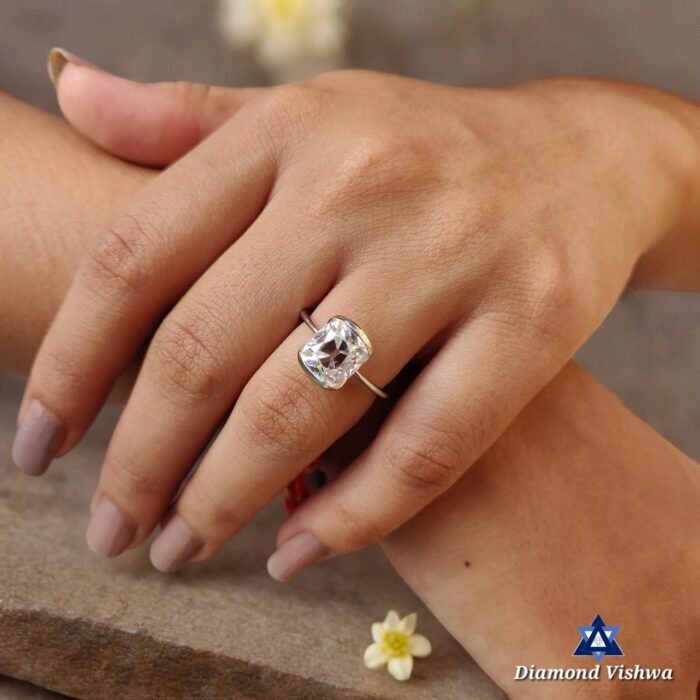 3.5 CT Cushion Old Mine Cut Moissanite Open Gallery Half Bezel Set Engagement Ring - Image 7