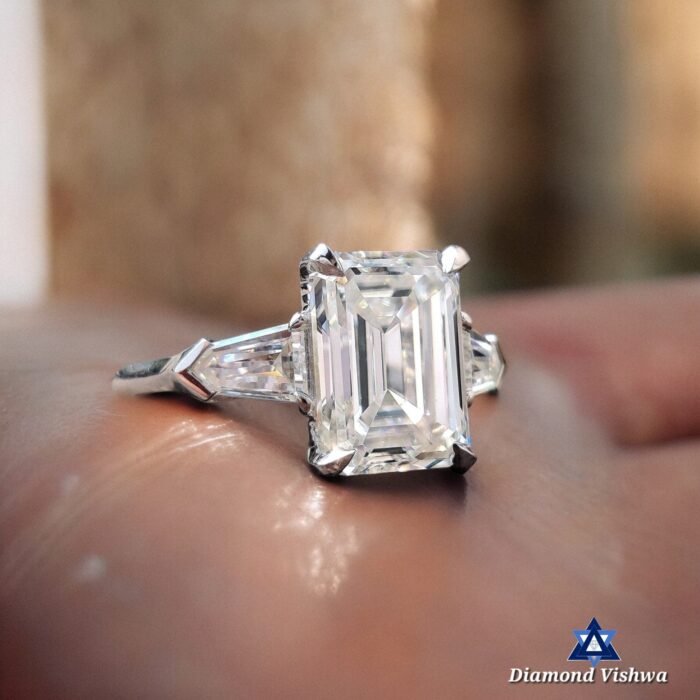 5 CT Emerald Cut Moissanite Engagement Ring | Three Stone Moissanite Wedding Band | Side Bullet Accents | Yellow/Rose/White Gold | His/Hers Set - Image 2