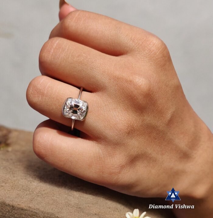 3.5 CT Cushion Old Mine Cut Moissanite Open Gallery Half Bezel Set Engagement Ring - Image 4