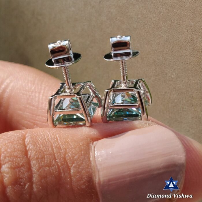 2.56 CT Princess Cut Cyan Blue Moissanite Stud Earrings Screw Back Bridal Set - Image 6