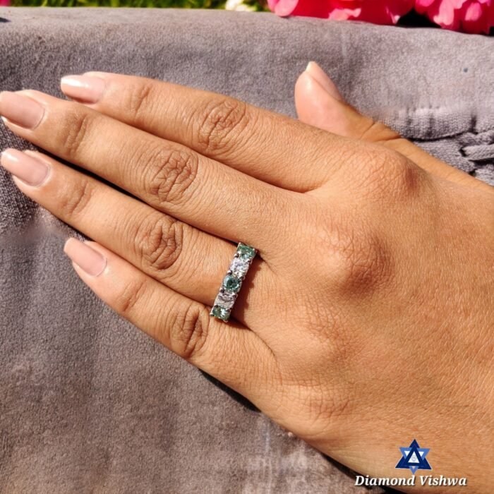 5-Stone Cushion Colorless & Cyan Blue Moissanite Euro Shank U-Prong Band - Image 7